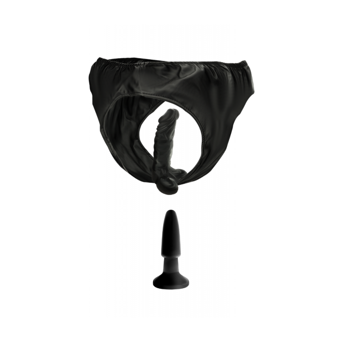 DARKNESS PU PANTIES INVERTED STRAP-ON WITH DILDO AND BUTTPLUG