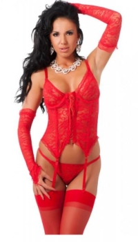 RED CORSET WITH G-STRING, GLOVES AND STOCKINGS M/L