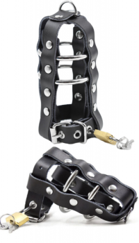 OHMAMA LEATHER COCK CAGE WITH METAL RINGS AND PADLOCK