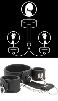 FETISH SUBMISSIVE COLLAR AND HANDCUFFS VEGAN LEATHER+NEOPRENE