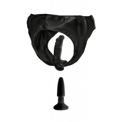 DARKNESS PU PANTIES INVERTED STRAP-ON WITH DILDO AND BUTTPLUG